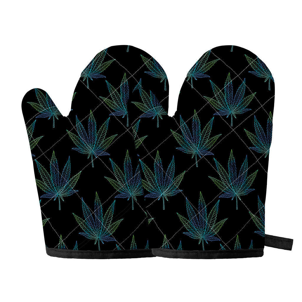 Blue And Green Weed Leaf Pattern Print Oven Mitts