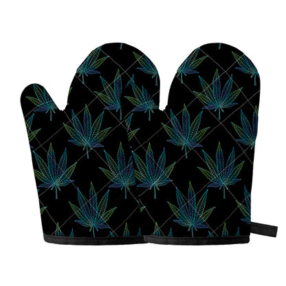 Blue And Green Weed Leaf Pattern Print Oven Mitts