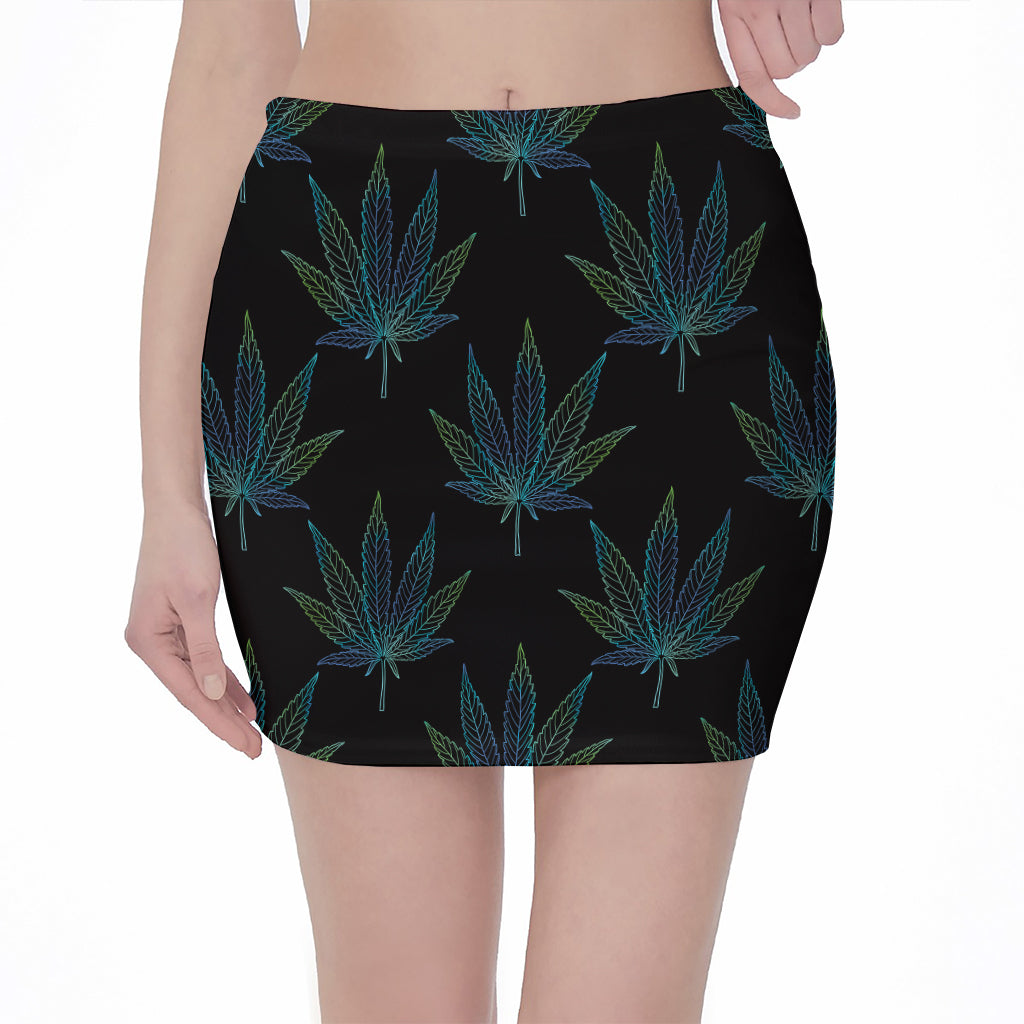 Blue And Green Weed Leaf Pattern Print Pencil Mini Skirt