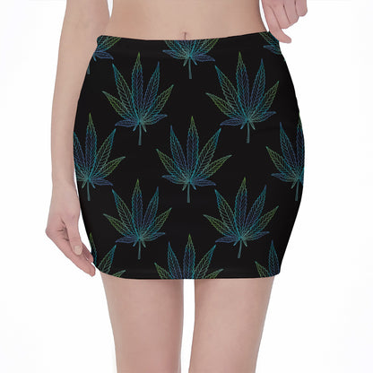 Blue And Green Weed Leaf Pattern Print Pencil Mini Skirt