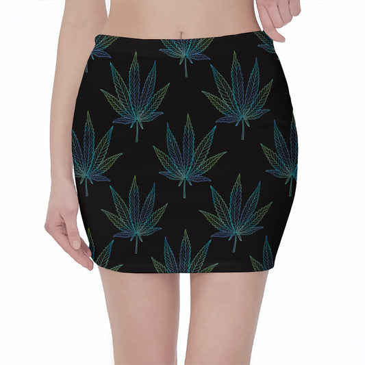 Blue And Green Weed Leaf Pattern Print Pencil Mini Skirt