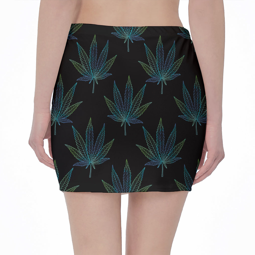 Blue And Green Weed Leaf Pattern Print Pencil Mini Skirt