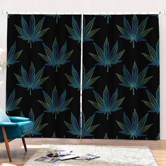 Blue And Green Weed Leaf Pattern Print Pencil Pleat Curtains