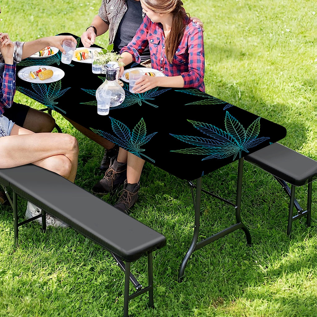 Blue And Green Weed Leaf Pattern Print Picnic Table Cover
