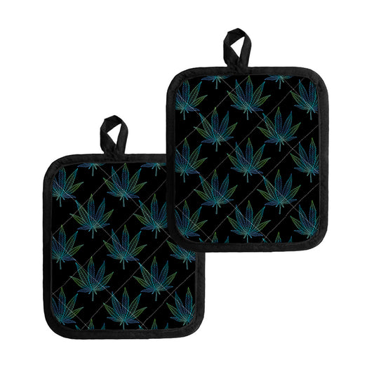 Blue And Green Weed Leaf Pattern Print Pot Holders