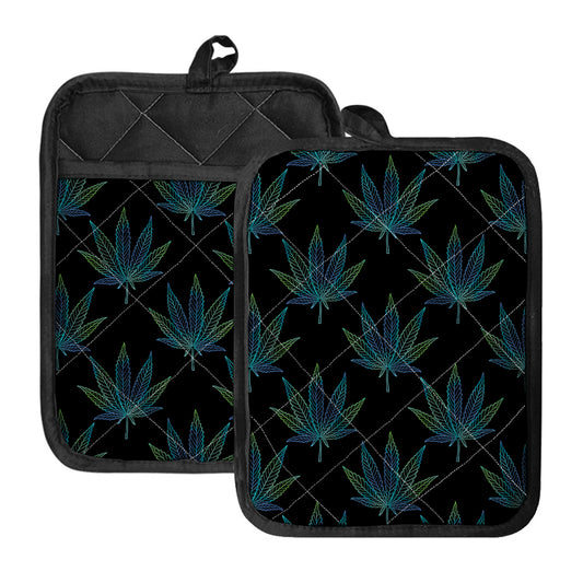 Blue And Green Weed Leaf Pattern Print Pot Holders With Pocket
