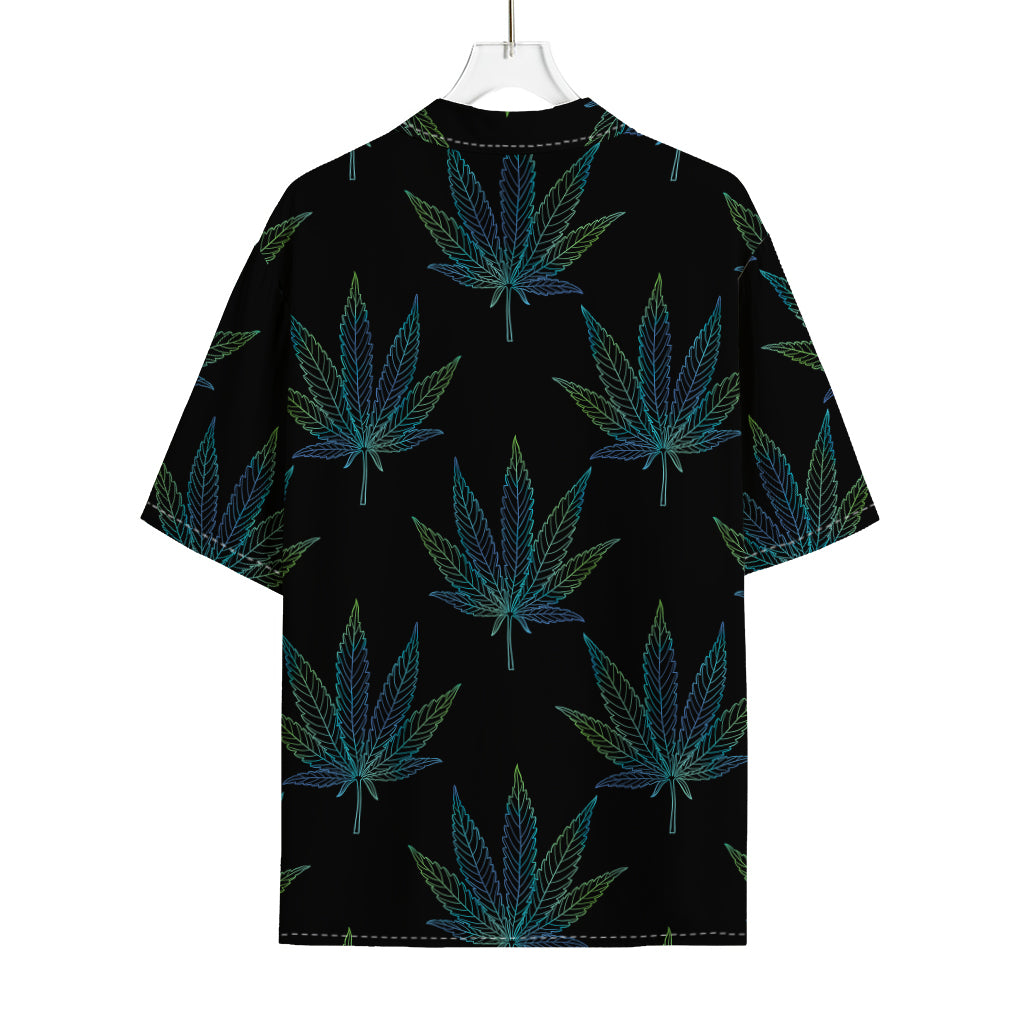 Blue And Green Weed Leaf Pattern Print Rayon Hawaiian Shirt
