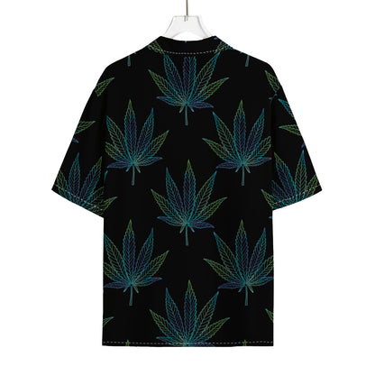 Blue And Green Weed Leaf Pattern Print Rayon Hawaiian Shirt