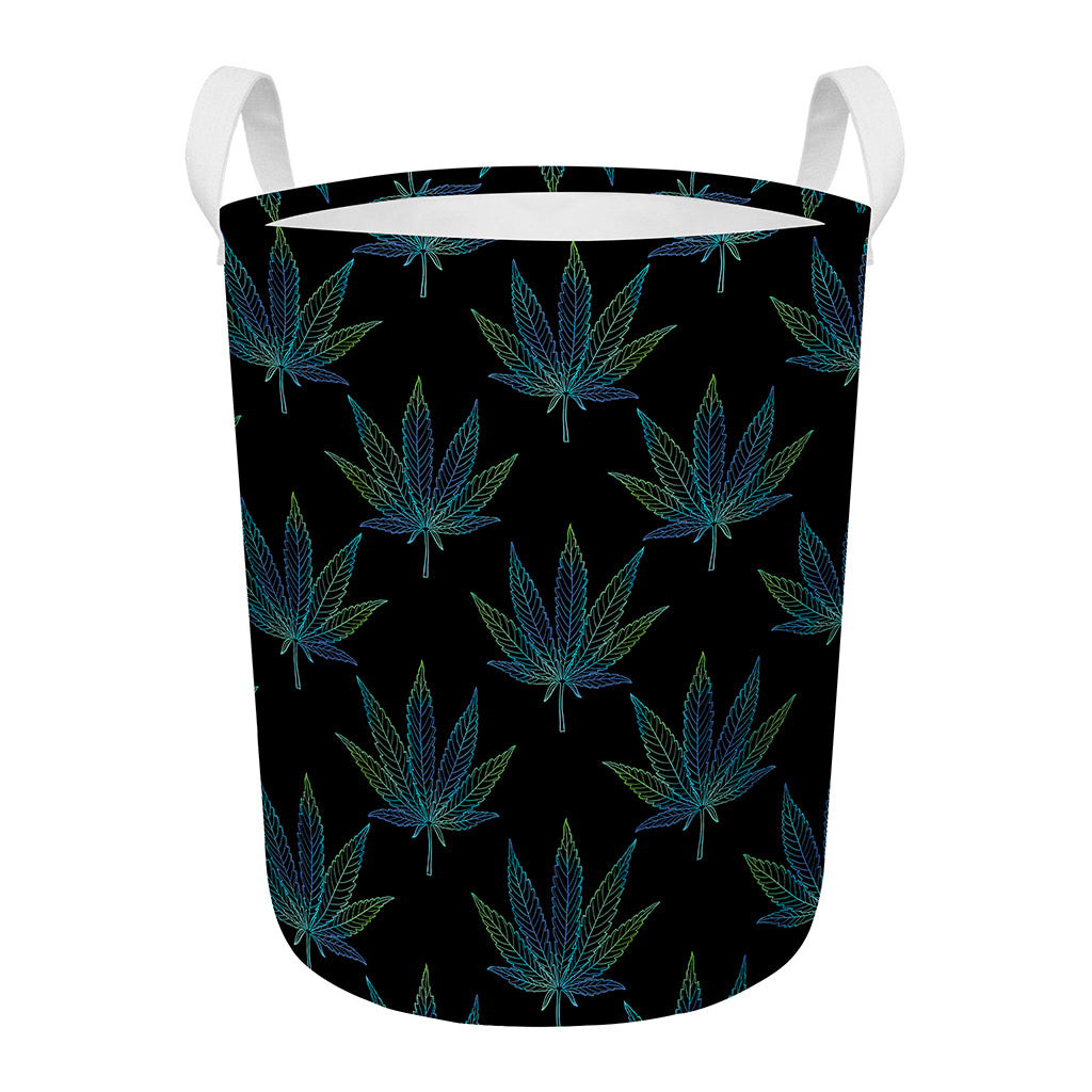 Blue And Green Weed Leaf Pattern Print Round Laundry Basket