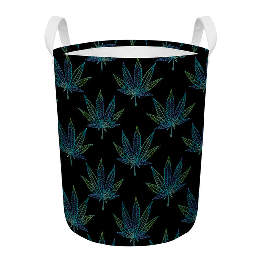 Blue And Green Weed Leaf Pattern Print Round Laundry Basket