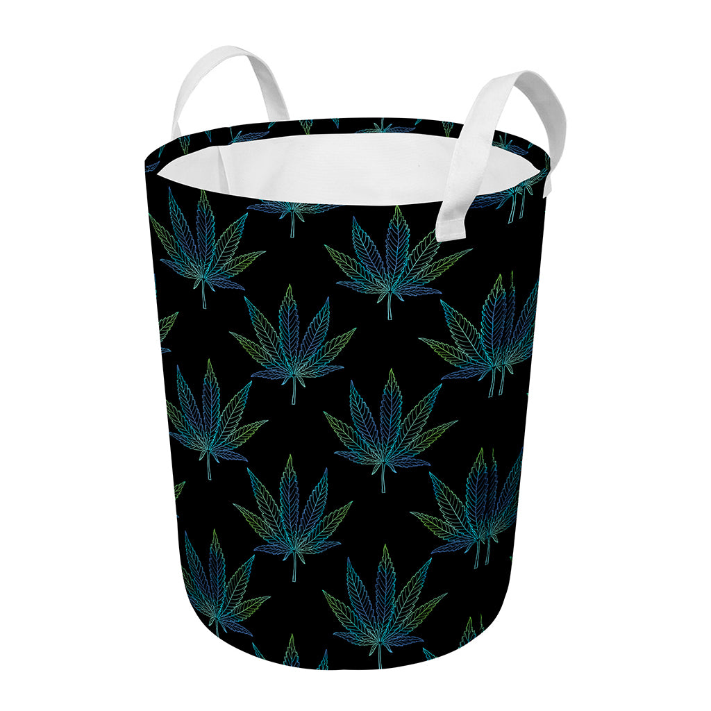Blue And Green Weed Leaf Pattern Print Round Laundry Basket