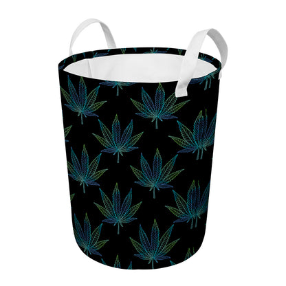Blue And Green Weed Leaf Pattern Print Round Laundry Basket