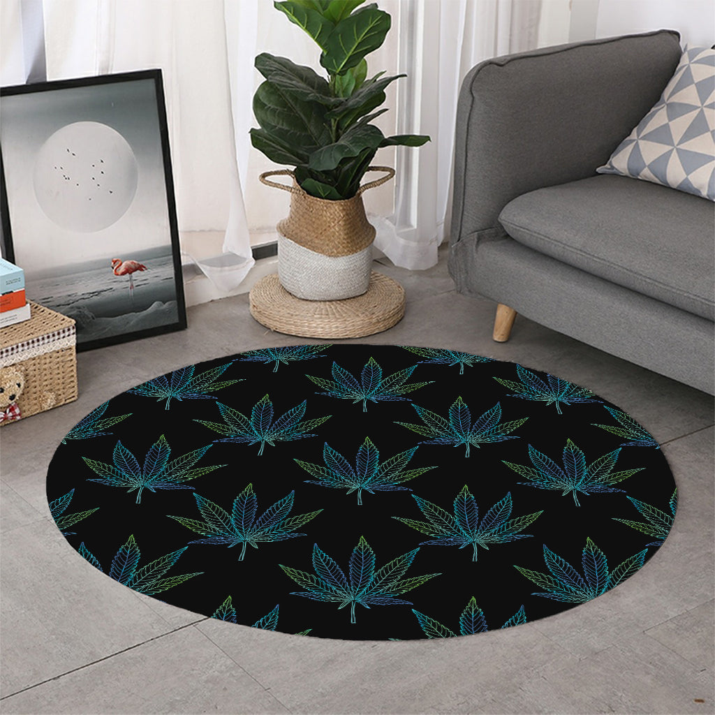 Blue And Green Weed Leaf Pattern Print Round Rug