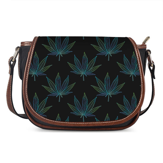 Blue And Green Weed Leaf Pattern Print Saddle Bag