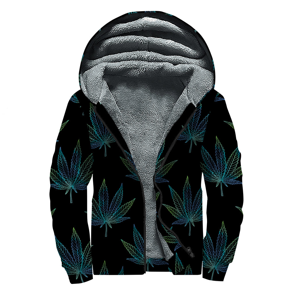Blue And Green Weed Leaf Pattern Print Sherpa Lined Zip Up Hoodie