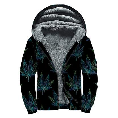 Blue And Green Weed Leaf Pattern Print Sherpa Lined Zip Up Hoodie