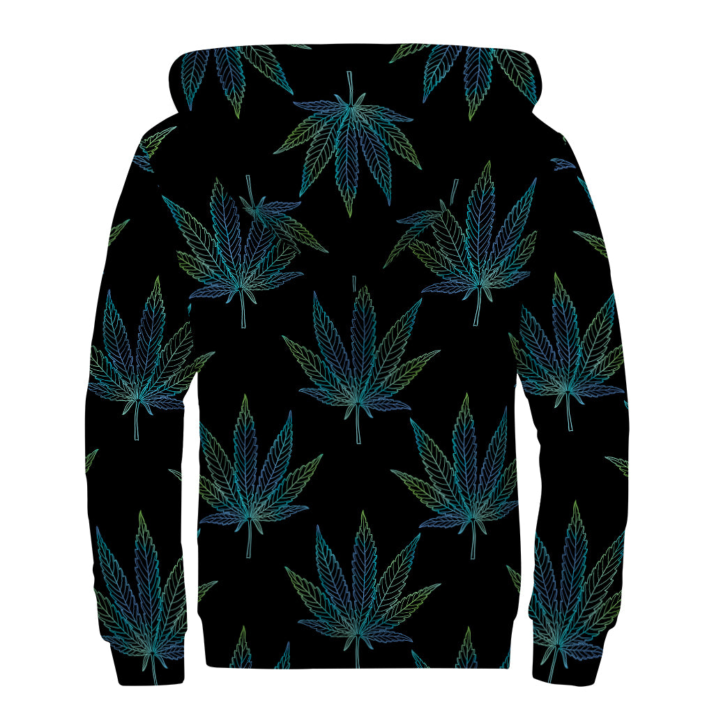 Blue And Green Weed Leaf Pattern Print Sherpa Lined Zip Up Hoodie