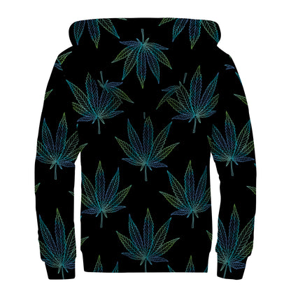 Blue And Green Weed Leaf Pattern Print Sherpa Lined Zip Up Hoodie