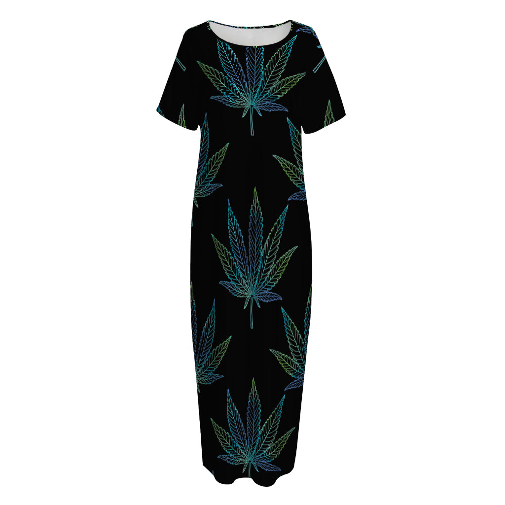 Blue And Green Weed Leaf Pattern Print Short Sleeve Long Nightdress
