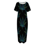 Blue And Green Weed Leaf Pattern Print Short Sleeve Long Nightdress