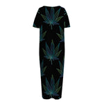 Blue And Green Weed Leaf Pattern Print Short Sleeve Long Nightdress