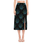 Blue And Green Weed Leaf Pattern Print Side Slit Midi Skirt