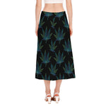 Blue And Green Weed Leaf Pattern Print Side Slit Midi Skirt