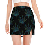 Blue And Green Weed Leaf Pattern Print Side Slit Mini Skirt