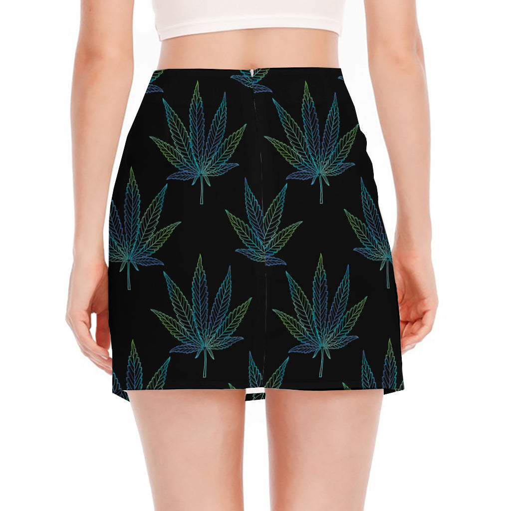 Blue And Green Weed Leaf Pattern Print Side Slit Mini Skirt