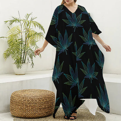Blue And Green Weed Leaf Pattern Print Silk V-Neck Kaftan Dress