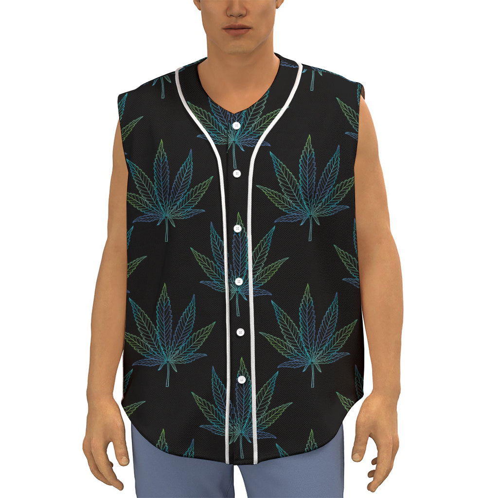 Blue And Green Weed Leaf Pattern Print Sleeveless Baseball Jersey