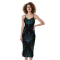 Blue And Green Weed Leaf Pattern Print Slim Fit Midi Cami Dress