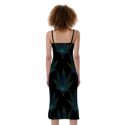 Blue And Green Weed Leaf Pattern Print Slim Fit Midi Cami Dress