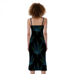Blue And Green Weed Leaf Pattern Print Slim Fit Midi Cami Dress