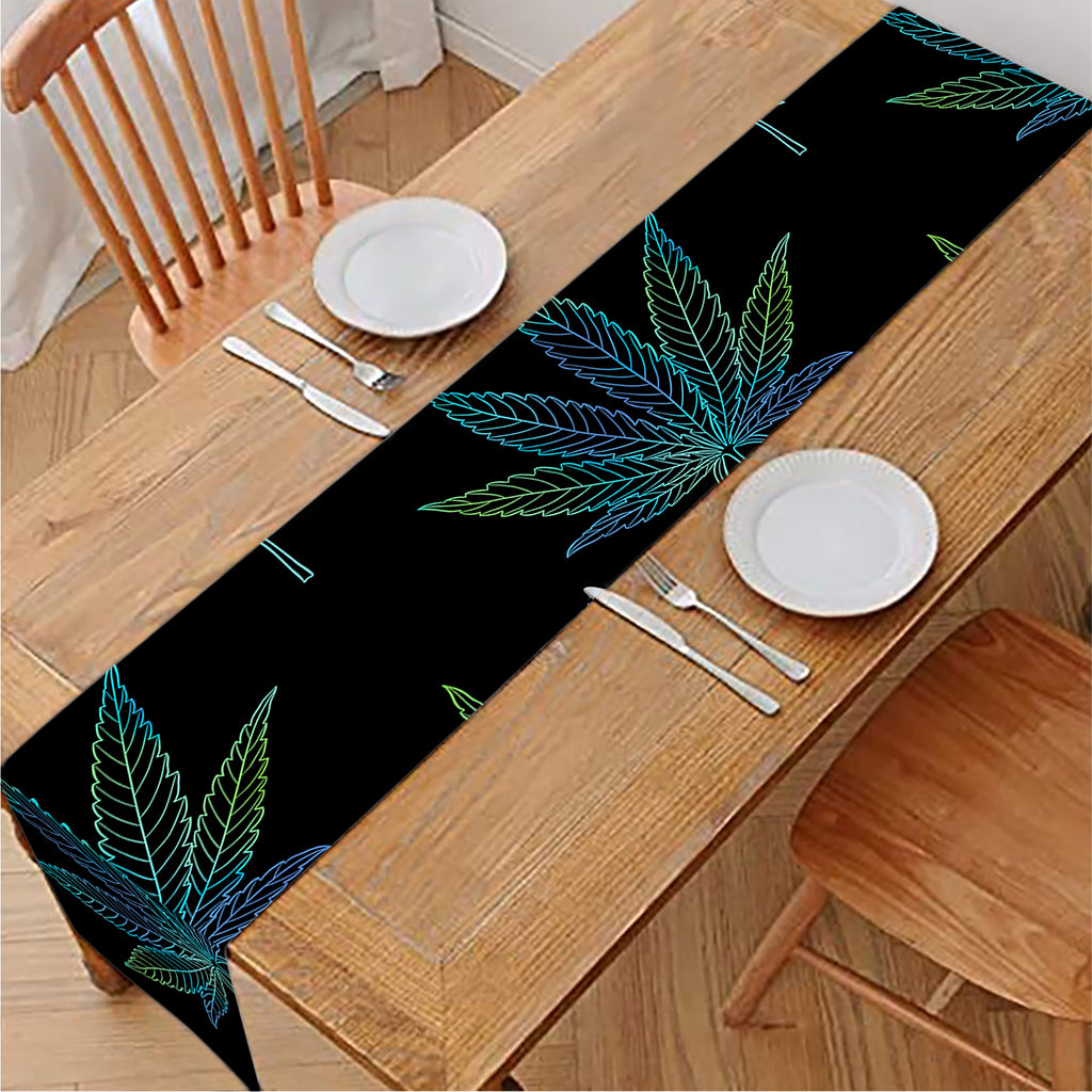 Blue And Green Weed Leaf Pattern Print Table Runner