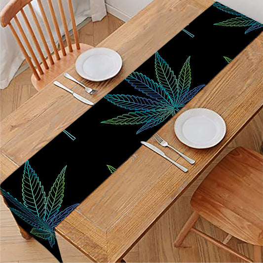 Blue And Green Weed Leaf Pattern Print Table Runner