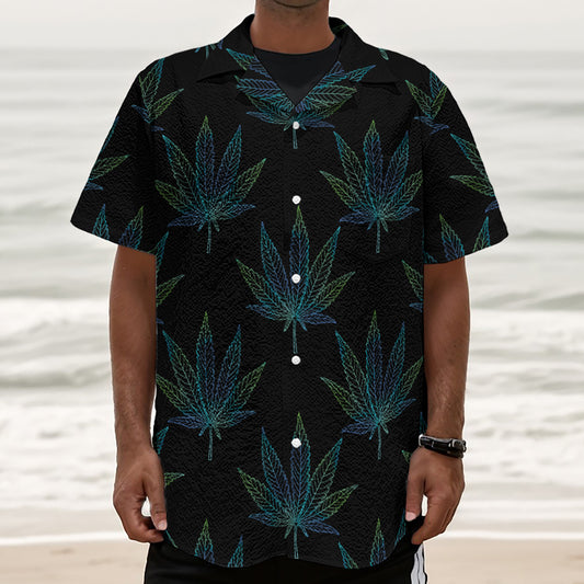 Blue And Green Weed Leaf Pattern Print Textured Short Sleeve Shirt
