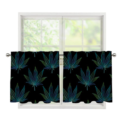 Blue And Green Weed Leaf Pattern Print Tier Curtains