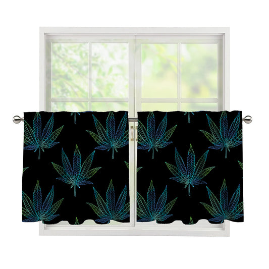 Blue And Green Weed Leaf Pattern Print Tier Curtains