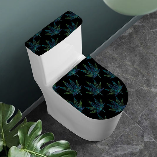Blue And Green Weed Leaf Pattern Print Toilet Lid And Tank Cover Set