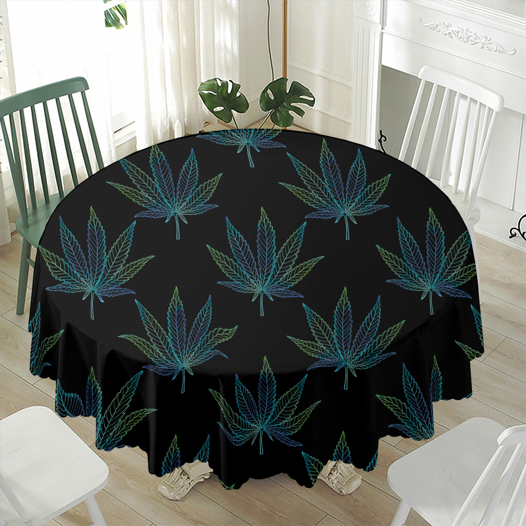 Blue And Green Weed Leaf Pattern Print Waterproof Round Tablecloth