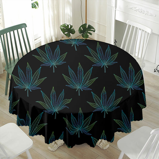 Blue And Green Weed Leaf Pattern Print Waterproof Round Tablecloth