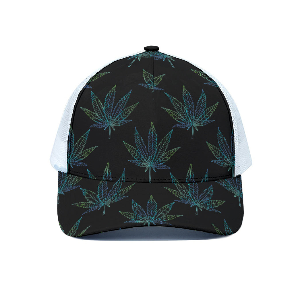 Blue And Green Weed Leaf Pattern Print White Mesh Trucker Cap