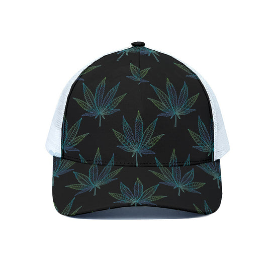 Blue And Green Weed Leaf Pattern Print White Mesh Trucker Cap