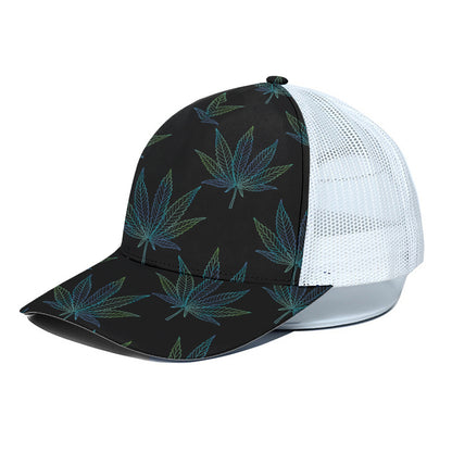 Blue And Green Weed Leaf Pattern Print White Mesh Trucker Cap
