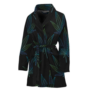 Blue And Green Weed Leaf Pattern Print Women's Bathrobe