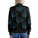 Blue And Green Weed Leaf Pattern Print Women's Bomber Jacket