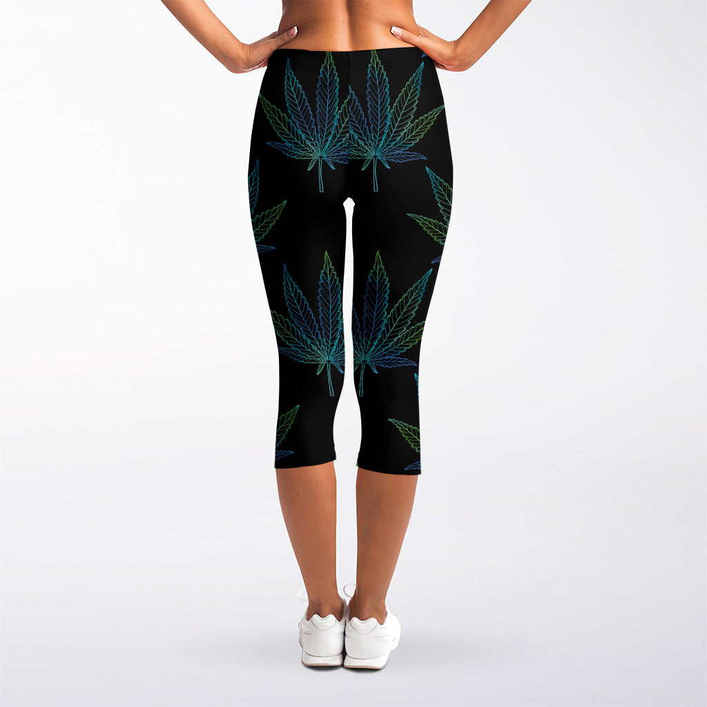 Blue And Green Weed Leaf Pattern Print Women's Capri Leggings