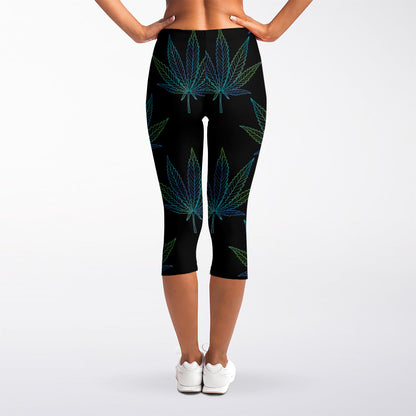 Blue And Green Weed Leaf Pattern Print Women's Capri Leggings
