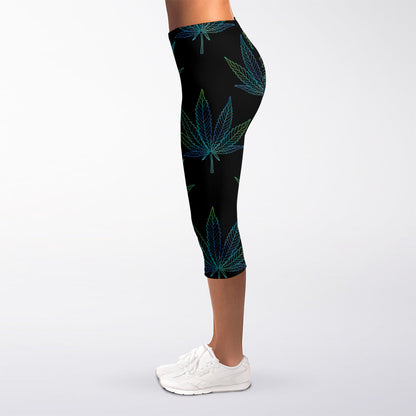 Blue And Green Weed Leaf Pattern Print Women's Capri Leggings
